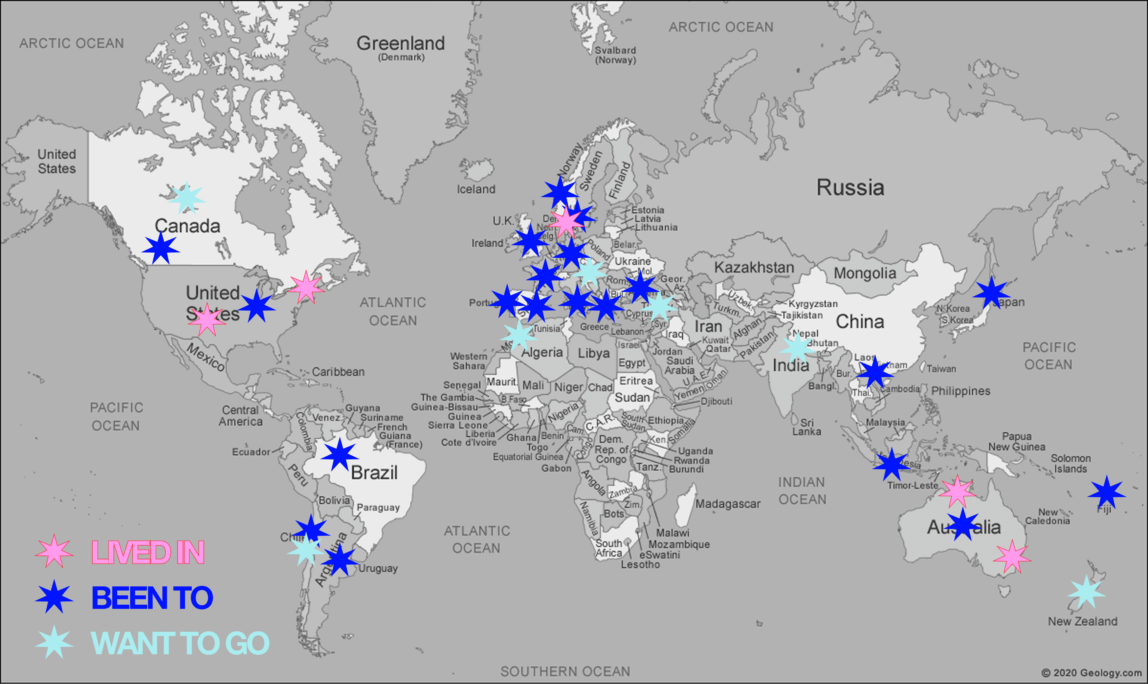 World map of places been and bucket list
